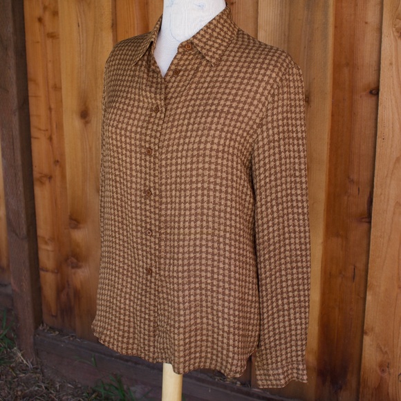 Vintage Jones New York 100% Silk Abstract Print Brown Button Down Blouse - Picture 5 of 14